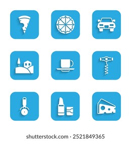 Set Coffee cup, Lipstick, Cheese, Wine corkscrew, Pizza knife, Village landscape, Car and Slice pizza icon. Vector