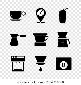 Set Coffee cup, Location with coffee bean, Milkshake, machine, V60 maker, Bag beans, turk and  icon. Vector
