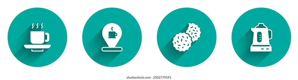 Set Coffee cup, Location with coffee, Cookie or biscuit and Electric kettle icon with long shadow. Vector