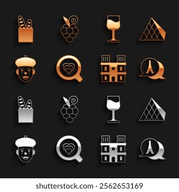 Set Coffee cup, Louvre glass pyramid, Eiffel tower, Notre Dame de Paris, French mime, Wine, baguette bread and Grape fruit icon. Vector