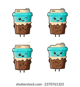 set of coffee cup mascot logo with an cute, modern and nice concept. Logo suitable for various types of coffee or cafe businesses. Coffee mascot logo with premium quality stock vector