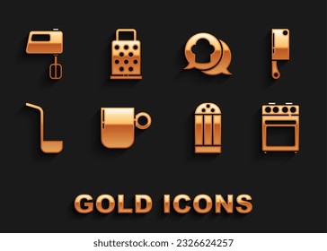 Set Coffee cup, Meat chopper, Oven, Salt, Kitchen ladle, Chef hat in speech bubble, Electric mixer and Grater icon. Vector