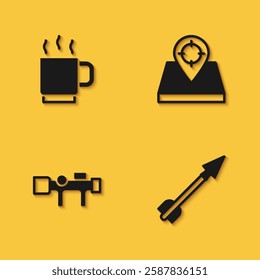 Set Coffee cup, Medieval arrow, Sniper optical sight and Hunt place icon with long shadow. Vector