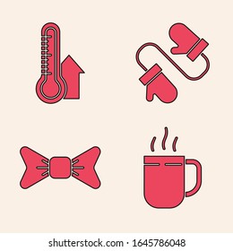 Set Coffee cup, Meteorology thermometer measuring, Pair of knitted christmas mittens and Bow tie icon. Vector
