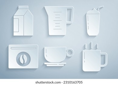 Set Coffee cup, Milkshake, Bag coffee beans, Jug glass with water and  icon. Vector