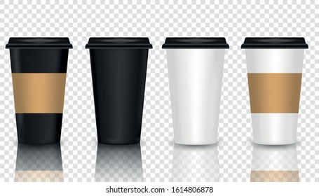 Set of Coffee Cup - Mockup template for Cafe, Restaurant brand identity design.  Vector realistic 3d paper coffee cup icon set closeup on transparency grid background.