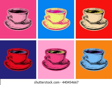 Set Coffee Cup Mug Vector Illustration Pop Art Style 