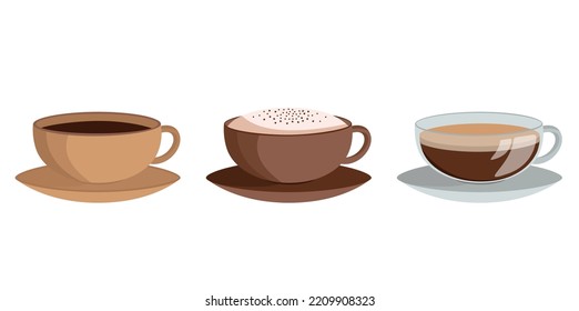 Set of coffee in cup on white background. Vector collection of coffee elements in flat style. Cappuccino, espresso, mocha, latte.