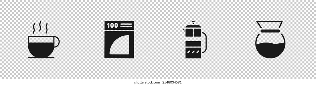 Set taza de café, Filtrar de papel, prensa francesa y verter sobre el icono de la cafetera. Vector