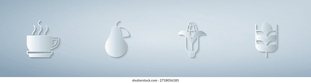 Set Taza de café, pera, maíz y trigo. Estilo de arte de papel. Vector