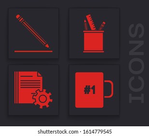Set Coffee cup, Pencil with eraser and line, Pencil case stationery and Document settings with gears icon. Vector