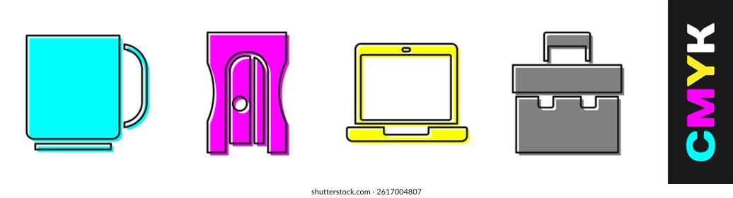 Set Coffee cup, Pencil sharpener, Laptop and Briefcase icon. Vector