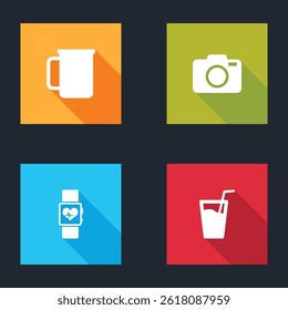 Set Coffee cup, Photo camera, Smart watch heart beat rate and Glass with water icon. Vector