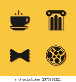 Set Coffee cup, Pizza, Macaroni and Ancient column icon with long shadow. Vector