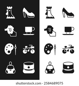 Set Coffee cup, Poodle dog, French rooster, Woman shoe, Paint brush with palette, Bicycle, Kepi and Handbag icon. Vector