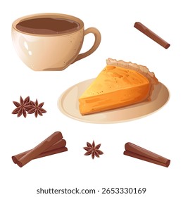 Set coffee cup and pumpkin pie slice with star anise and cinnamon. For use in seasonal promotions, menus, blogs, recipe cards, autumn or Thanksgiving invitations, posts, printable kitchen.