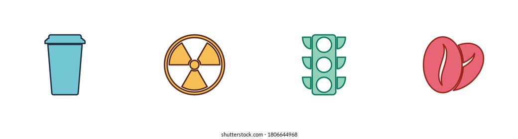 Indique el icono de la taza de café, el radiactivo, el semáforo y los frijoles. Vector.