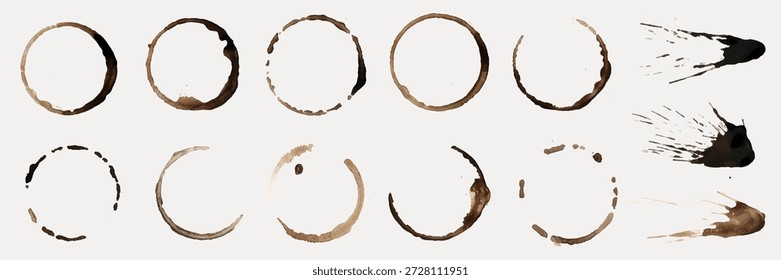 Conjunto de manchas de anel de xícara de café e respingos. Manchas de café em padrões circulares. Marcas de café marrom e respingos. Manchas de xícara de café sobre fundo branco. Vetor de elemento definido.