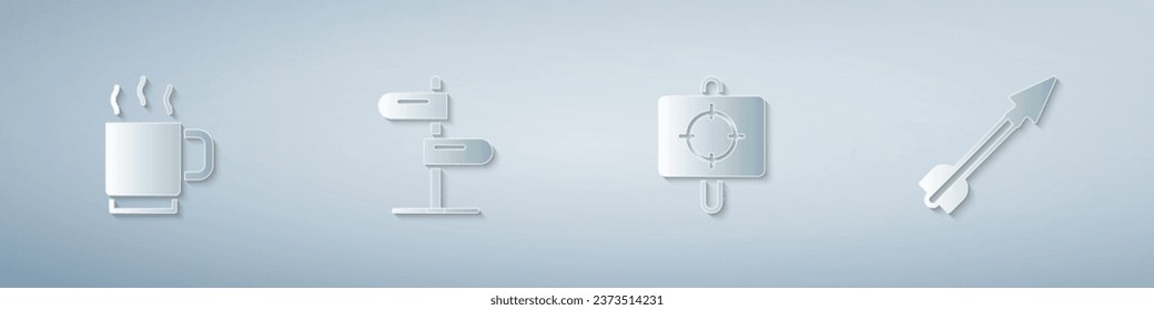 Ajuste la taza de café, la señal de tráfico, el deporte de destino y la flecha medieval. Estilo de arte de papel. Vector