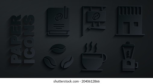 Set Coffee cup, shop, frijoles, Electric coffee grinder, letrero de la calle e icono del libro. Vector
