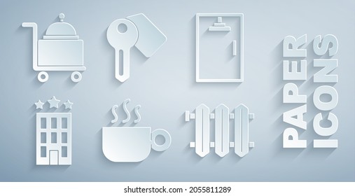 Set Coffee cup, Shower cabin, Hotel building, Heating radiator, door lock key and Covered with tray icon. Vector