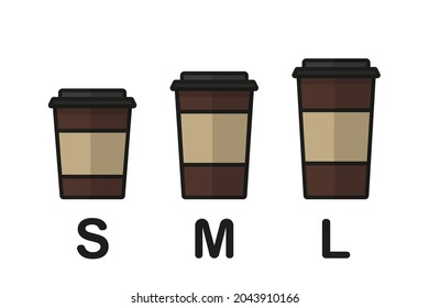 Set of Coffee cup sizes S, M, L. Vector illustration in flat design