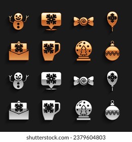 Set Coffee cup with snowflake, Balloons, Christmas ball, globe, postcard, Candy, snowman and Snowflake speech bubble icon. Vector