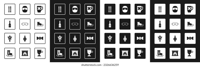 Set Coffee cup with snowflake, Ski goggles, Champagne bottle, and sticks, Figure skates, Candy and Christmas star icon. Vector