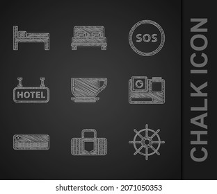 Set Coffee cup, Suitcase, Ship steering wheel, Action extreme camera, Air conditioner, Signboard with text Hotel, Location SOS and Bed icon. Vector