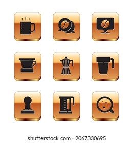 Ponga taza de café, tamper, hervidor eléctrico, olla de moca, cafetera V60, Ubicación con frijol, e icono de conversación. Vector