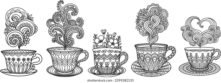 Set of coffee cup or tea cup with artistic steam for adult coloring page, engraving, papercut, laser cut and so on. Vector illustration. - Shutterstock ID 2299282135