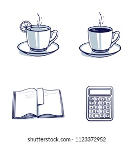 Set of Coffee cup, tea cup, open book, calculator. Isolated object. Hand drawn doodle cartoon vector illustration.