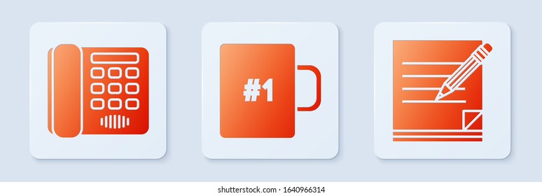 Set Coffee cup, Telephone and Blank notebook and pencil with eraser. White square button. Vector