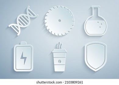 Ajuste la taza del café, el tubo de ensayo y el matraz, la batería, el escudo, la hoja de la sierra circular y el símbolo de ADN. Vector