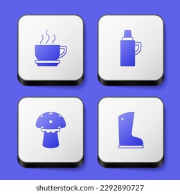 Set Coffee cup, Thermos container, Mushroom and Waterproof rubber boot icon. White square button. Vector