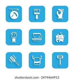 Set Coffee cup, Towel on a hanger, Shaving razor, Bar soap with foam, Hairbrush, Medical rubber gloves and Barbershop icon. Vector