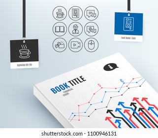 Set of Coffee cup, Vacancy and Comment icons. Coffee vending, Book and Video camera signs. Opened gift, Idea lamp and Computer mouse symbols. Tea mug, Businessman concept, Talk bubbles. Vector