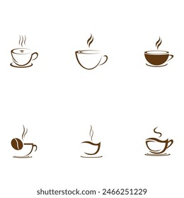 set of Coffee cup vector flat icon. Tea cup. Brown coffee cup sign on milk background