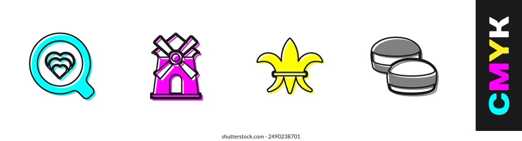 Set Coffee cup, Windmill, Fleur De Lys and Macaron cookie icon. Vector