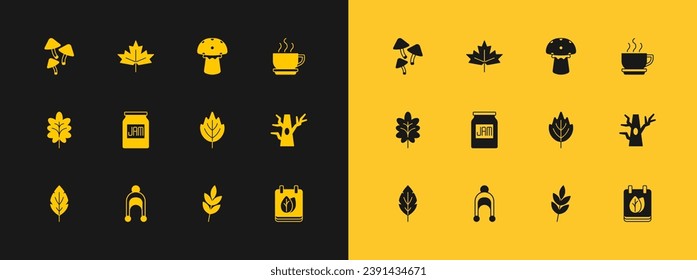 Set Coffee cup, Winter hat, Leaf, Jam jar, Mushroom,  and Canadian maple leaf icon. Vector