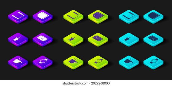 Set Coffee cup, Wrist watch, Push pin, Envelope, Post note stickers and Table lamp icon. Vector