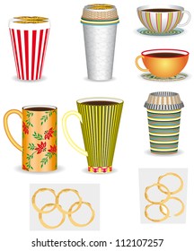 Set of coffee cups, 3D. Coffee in different cups. Collection of various coffee cups, 3D.