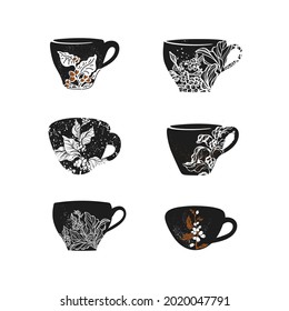 Set of coffee cups. Aroma tropical plant, bean. Vector black silhouette on white background. Outline texture vintage illustration for menu