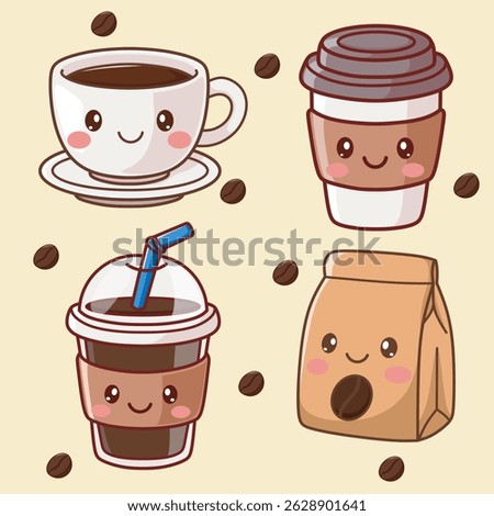Set of Coffee Cups and Coffee Bag. Cute cafe Bar or Coffee House Graphics With Cute Ekspresion. Vector Illustration, Icons.