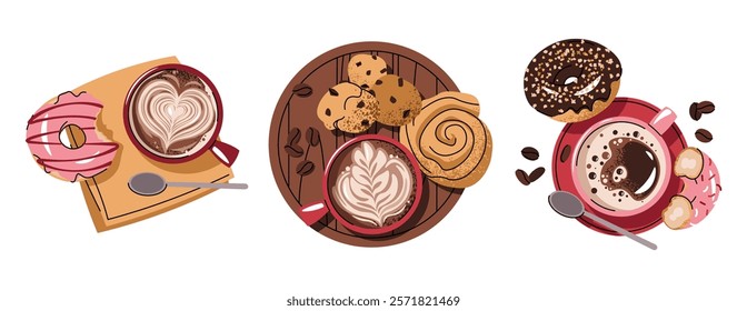 Set of Coffee cups with bun, donut and cookie in flat cartoon style. Delicious coffee drink and dessert. Breakfast composition, top view for menu, sticker, postcard, etc.