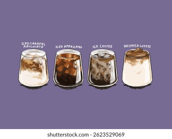 Set of  Coffee Cups Caramel Macchiato and Americano and Ice coffee and Whipped coffee