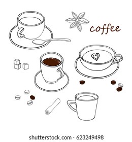 Set of coffee cups, cinnamon, coffee beans. Vector illustration.