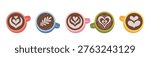 Set of coffee cups with classical latte art with heart and leaf. Top view drinks perfect for cafe menu, barista design and coffee culture concept. Trendy modern vector illustration, flat design