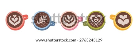 Set of coffee cups with classical latte art with heart and leaf. Top view drinks perfect for cafe menu, barista design and coffee culture concept. Trendy modern vector illustration, flat design