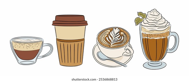 Set of Coffee cups colored outline drawings. Vector illustration isolated on white background. Espresso, cappuccino, take away disposable coffee cup collection.	